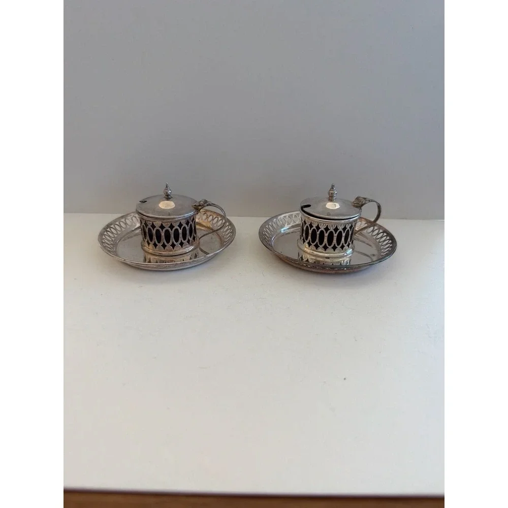 Vintage Cheltenham & Co Silver Plate Mustard Pots‎ Cobalt Blue Glass Set of 2